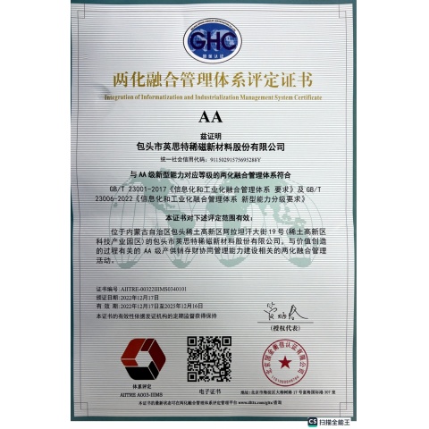 兩化融合管理體系評(píng)定證書(shū)